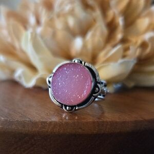 Pink Sugar Druzy 925 Sterling Silver Overlay Ring Size 7½ NEW
